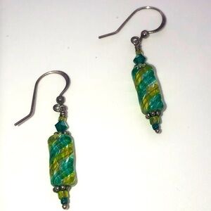VTG Sterling Silver & Green Art Glass Tube Bead Shepherds Hook Earrings 1.9”